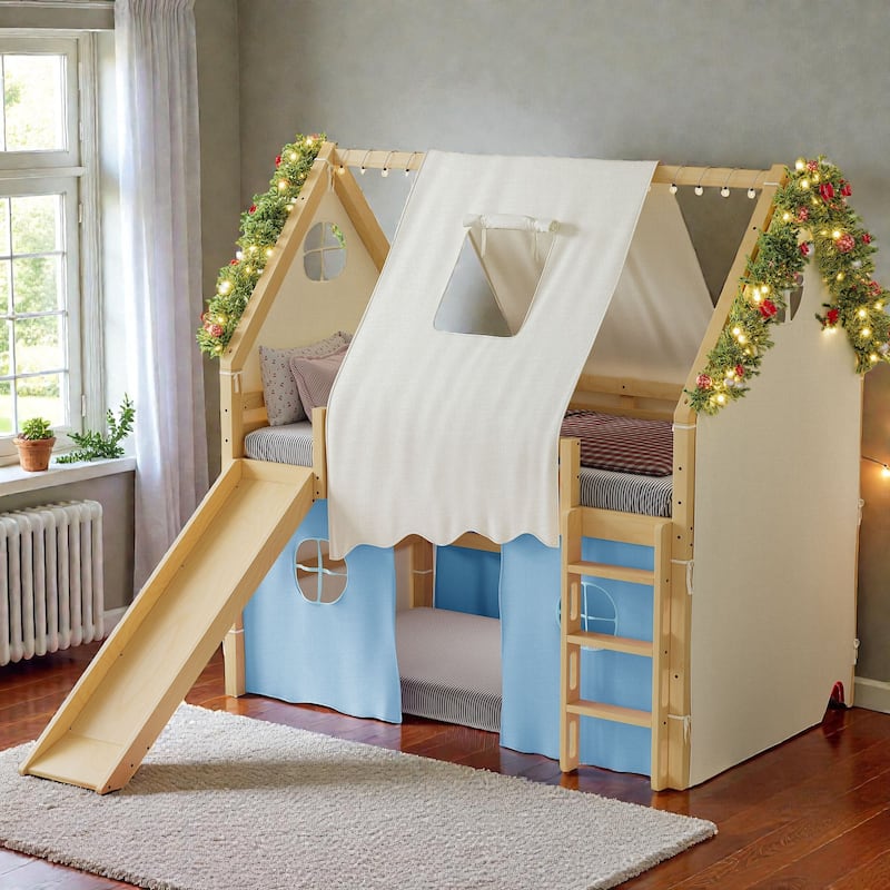 House Loft Bed with Slide & Tent, Solid Wood Kids Bed w/ Ladder, Guardrails, Playhouse Design, No Box Spring Needed