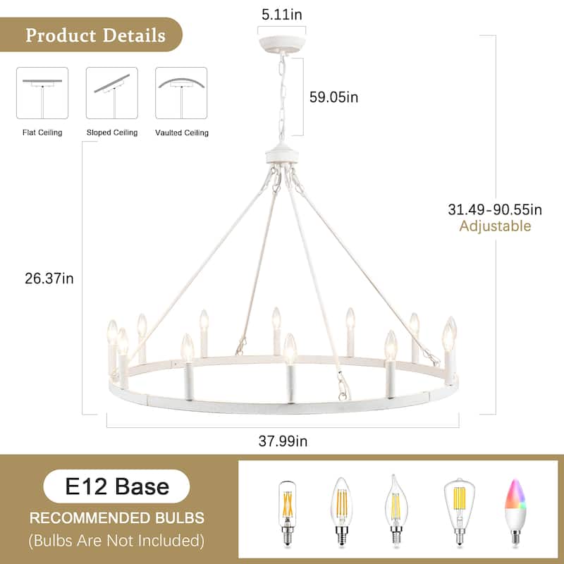 12-Light 37.99 in. Rustic Wagon Wheel Chandelier for Bedroom Kitchen