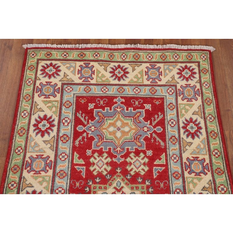 Geometric Kazak Foyer Rug Hand-Knotted Oriental Red Wool Carpet - 2'7" x 4'2"