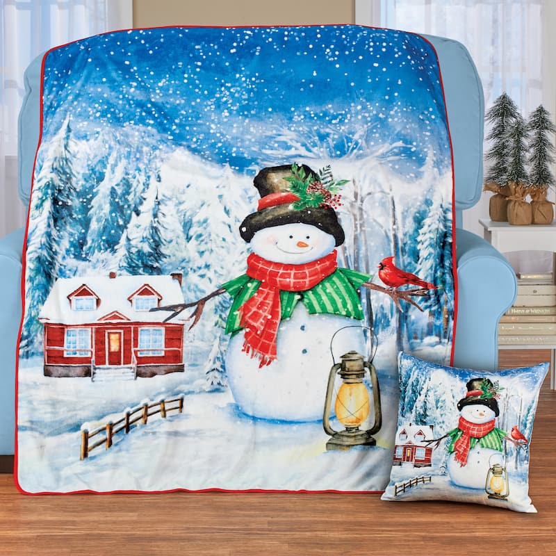 Winter Snowman Throw Blanket and Accent Pillow Set - 61 x 0.1 x 50.75 - Blue