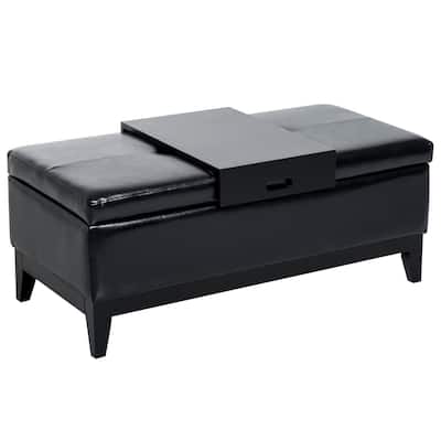 HomCom 42" Rectangular Faux Leather Storage Ottoman Bench with Tray - Black