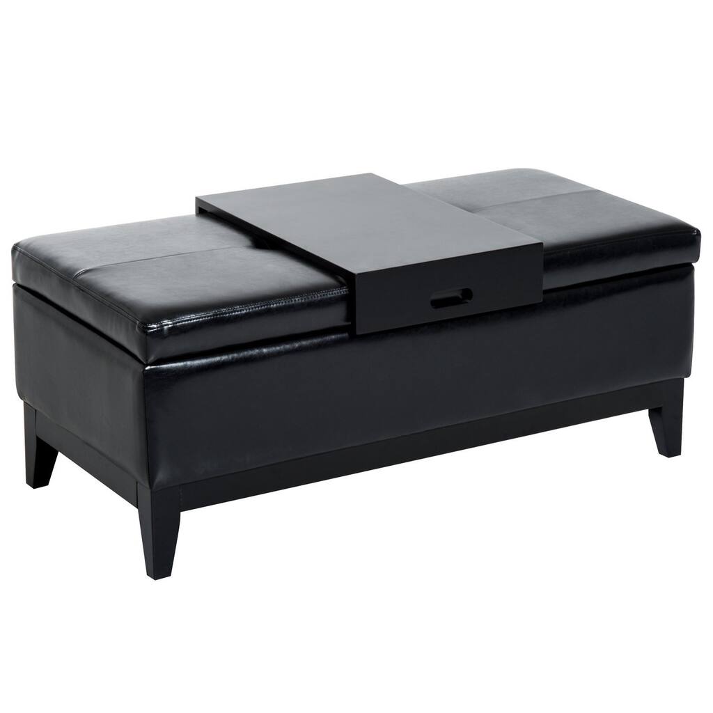 HomCom 42" Rectangular Faux Leather Storage Ottoman Bench with Tray - Black