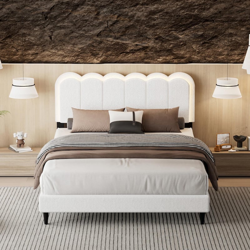 Lambswool Petal Headboard Bed Frame - Cream Style Bedroom Soft Bed with Ambient Light - White - Full