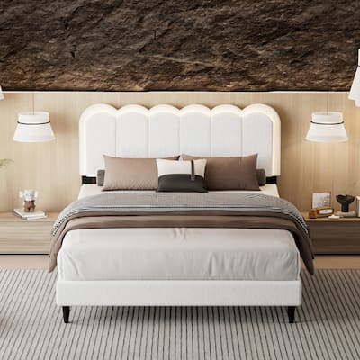 Lambswool Petal Headboard Bed Frame - Cream Style Bedroom Soft Bed with Ambient Light