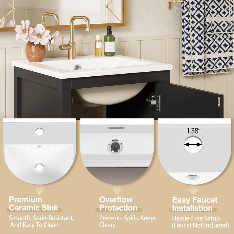 18" Small Bathroom Vanity with Ceramic Sink, Freestanding Storage Cabinet with Soft Close Drawer and Door, Adjustable Shelf