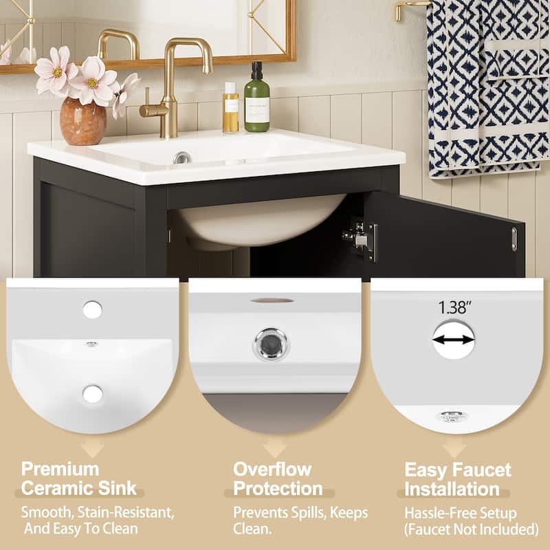 18-Inch Modern Bathroom Vanity with Ceramic Sink, Soft-Close Drawers and Door Organizer, Divider Drawer