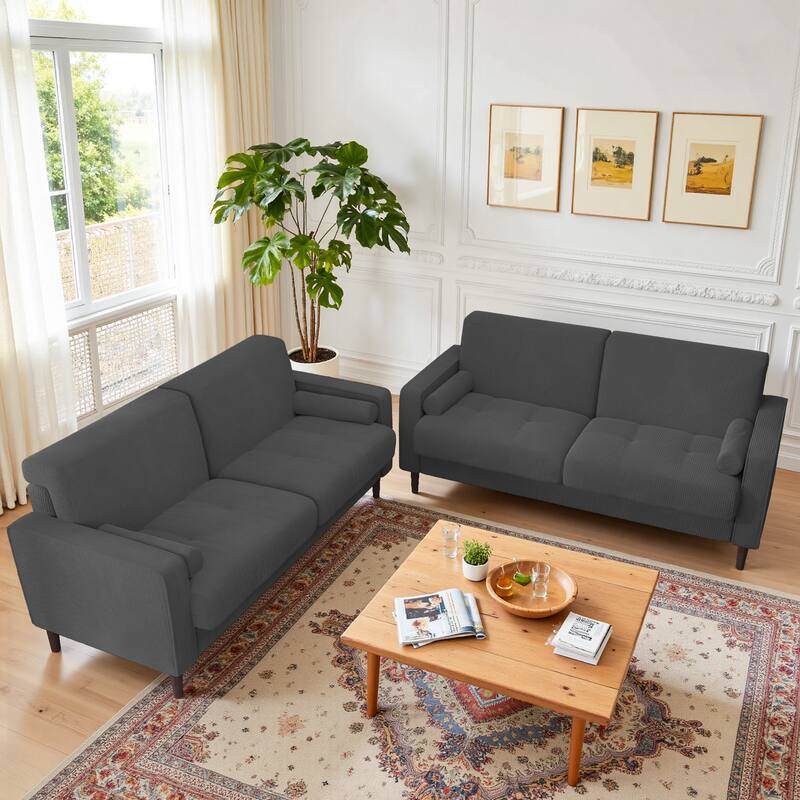 Modern Corduroy Upholstered Loveseat with Bolster Pillows and Wood Legs