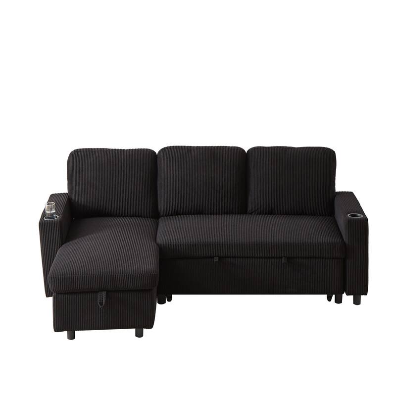 78.5" Corduroy L-Shaped Convertible Sofa Bed with Reversible Design, Pull-Out Sleeper & Storage Ottoman