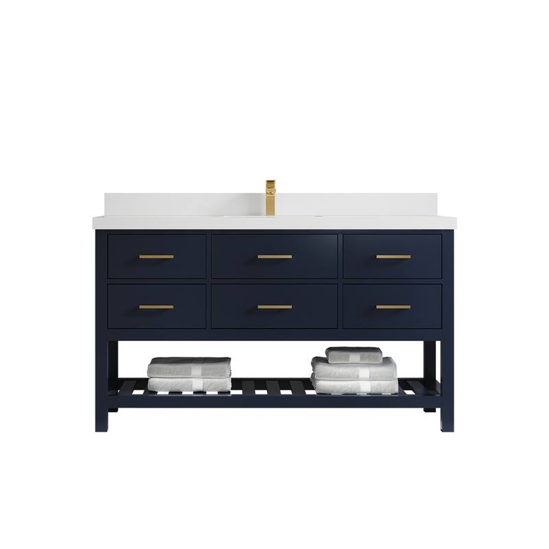 Willow Collections 60 in. W x 22 in. D Parker Single Sink Bathroom Vanity with Countertop - 2" White Quartz - Navy Blue