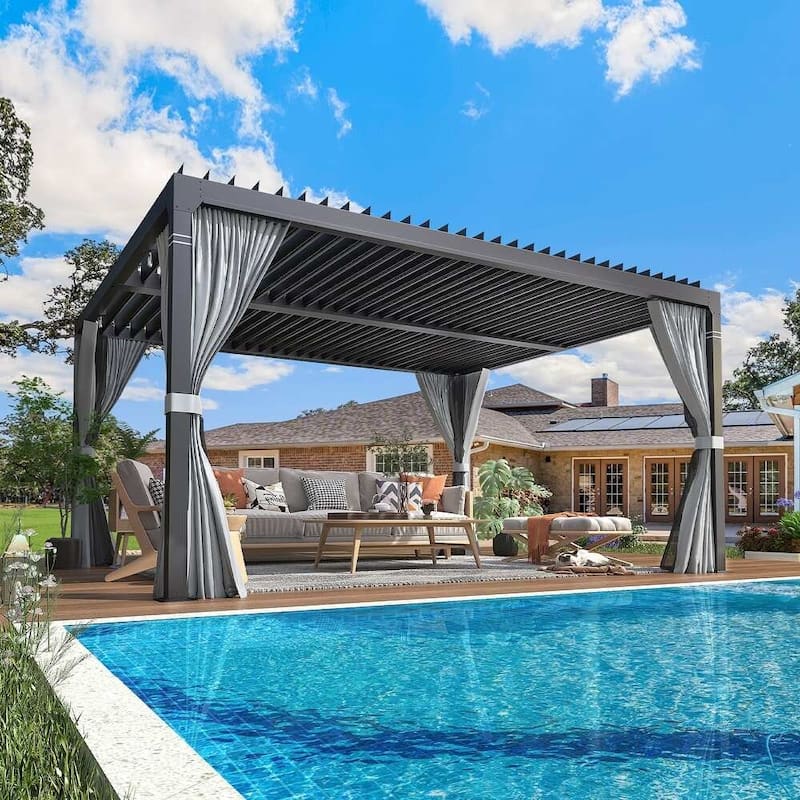 Outdoor Louvered Pergola, Outdoor Patio Hardtop Gazebo, Adjustable Metal Roof Curtains and Netting Included - 10' x 12' - Black