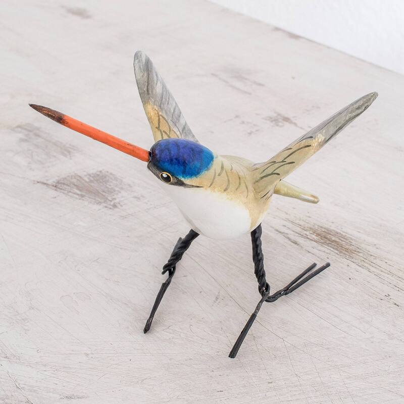 Handmade Violet-Crowned Hummingbird Ceramic Figurine (Guatemala) - 3.9 " L x 4.3" W x 3.0 " D