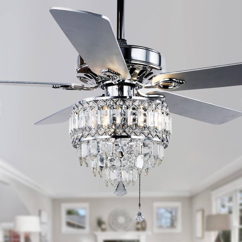 Oaks Aura 52in. Luxury Crystal Classic Reversible Ceiling Fan with Remote Control, 5 Wooden Blades Ceiling Fan with Lights - 52 - Chrome