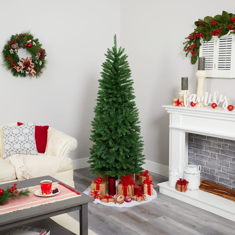 6’ Pre-Lit Green Slim Mountain Pine Artificial Christmas Tree, Warm Clear LED Lights - 6 Foot
