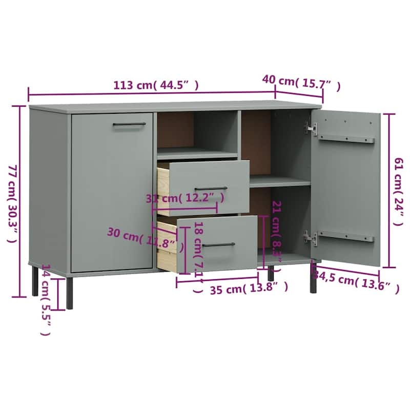 vidaXL Sideboard Buffet Cabinet with Metal Legs for Kitchen Solid Wood OSLO - 44.5" x 15.7" x 30.3"