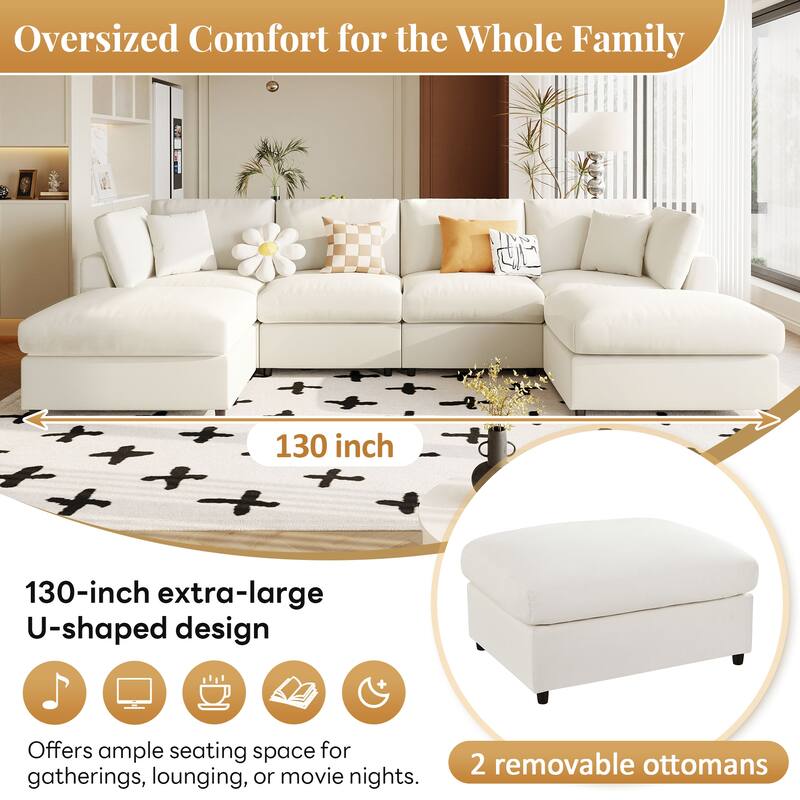 U-Shaped Modular Sectional Sofa with 2 Movable Ottomans, Oversized Chenille Upholstered Sofa, 6 Seater Sofa with Pillows