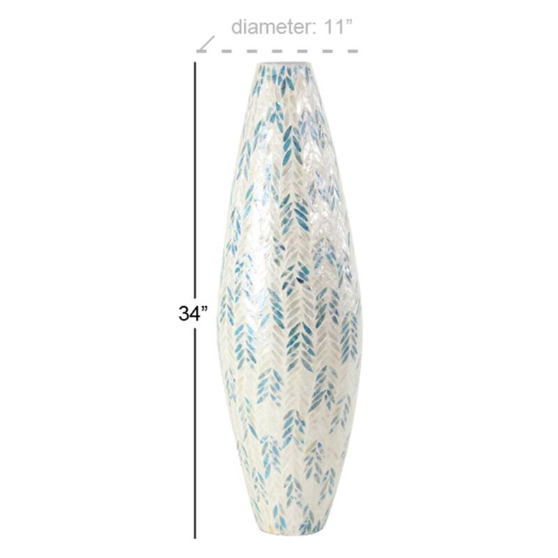 Mother of Pearl Shell Handmade Tall Mosaic Vase with Blue Accents - White - Roche River Decor - 10"W x 10"L x 33"H