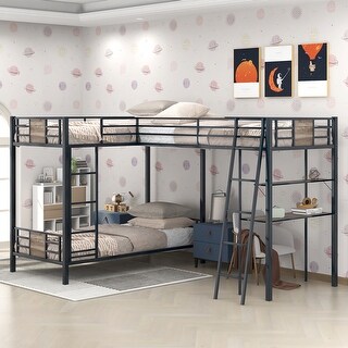 L-Shaped Twin Bunk Bed with Loft, Desk, and Shelves - Brown