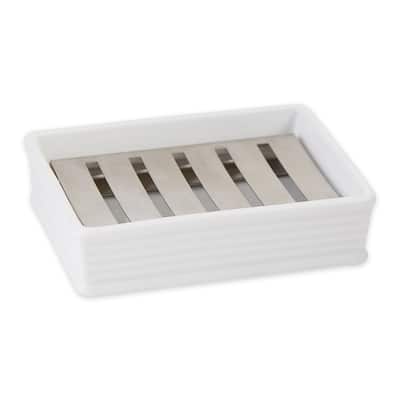 Stoneware Soap Dish and Stainless Steel Tray - White