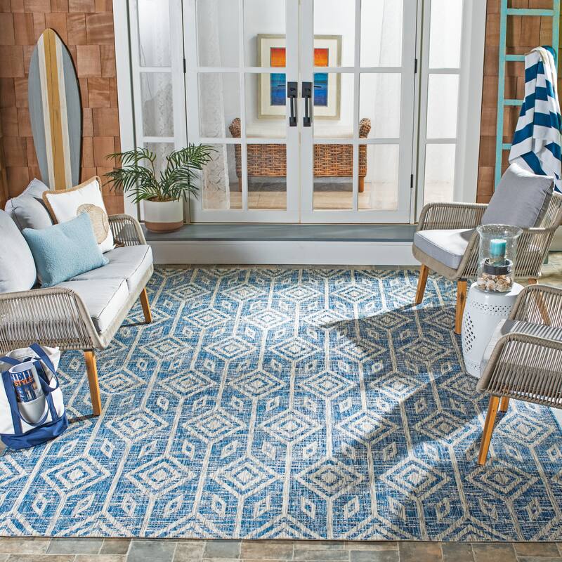 SAFAVIEH Courtyard Isola Indoor/ Outdoor Waterproof Patio Backyard Rug - 5'3" x 7'7" - Navy/Grey