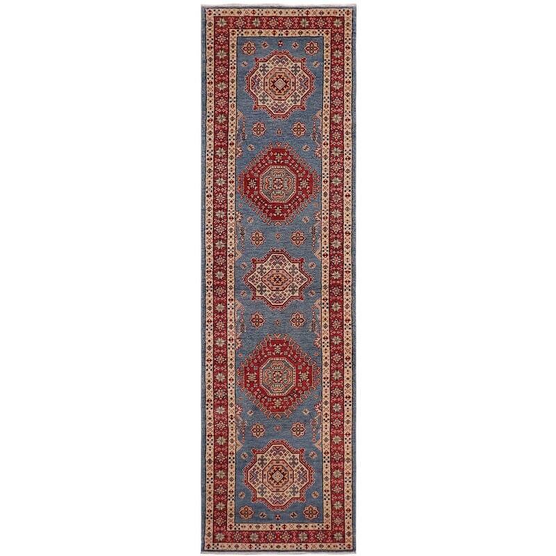 Southwestern Super Kazak Esme Light Blue/Red Hand Knotted Wool Runner - 2'5'' x 9'9''