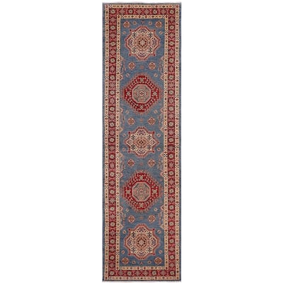 Southwestern Super Kazak Esme Light Blue/Red Hand Knotted Wool Runner - 2'5'' x 9'9''