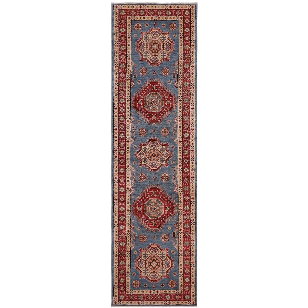 Southwestern Super Kazak Esme Light Blue/Red Hand Knotted Wool Runner - 2'5'' x 9'9''