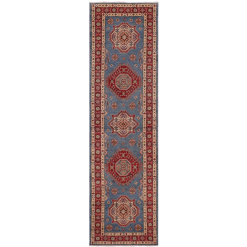 Southwestern Super Kazak Esme Light Blue/Red Hand Knotted Wool Runner - 2'5'' x 9'9''