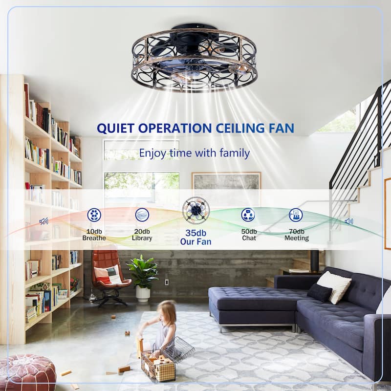 20" Low Profile Caged Ceiling Fans with Lights and Remote, Farmhouse Flush Mount Ceiling Fan with 6 Speeds Reversible Motor