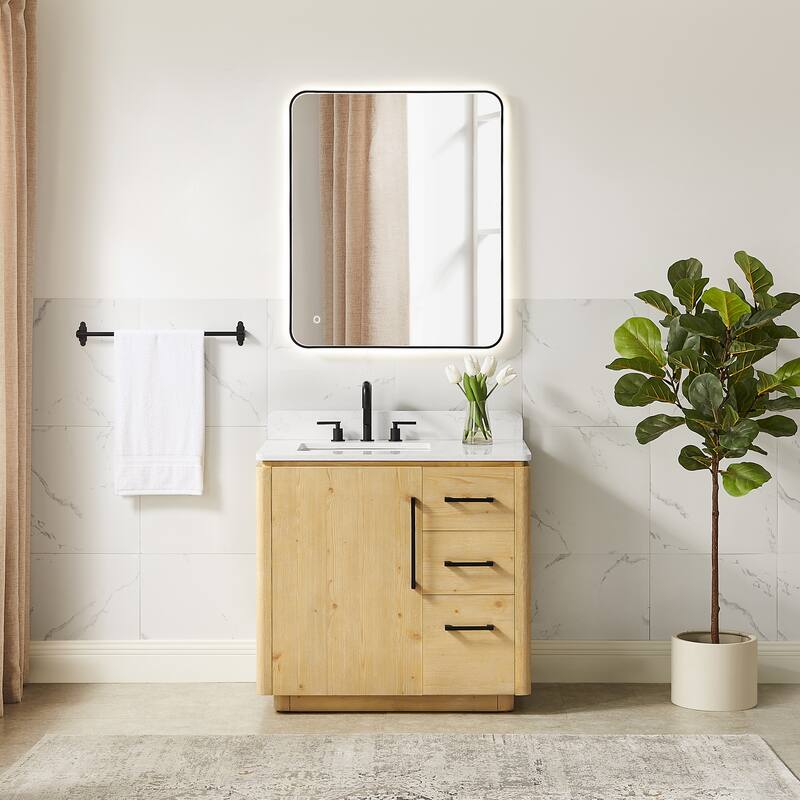 Serene Bathroom Vanity in Nature Brown with Grain White Engineered Stone Countertop with Mirror - 36 inch