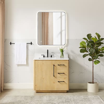 Serene Bathroom Vanity in Nature Brown with Grain White Engineered Stone Countertop with Mirror
