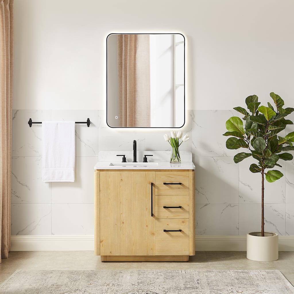 Serene Bathroom Vanity in Nature Brown with Grain White Engineered Stone Countertop with Mirror
