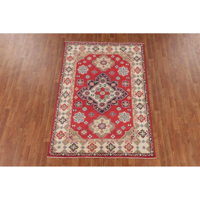 Geometric Kazak Area Rug Handmade Oriental Red Wool Carpet - 4'9" x 6'9"