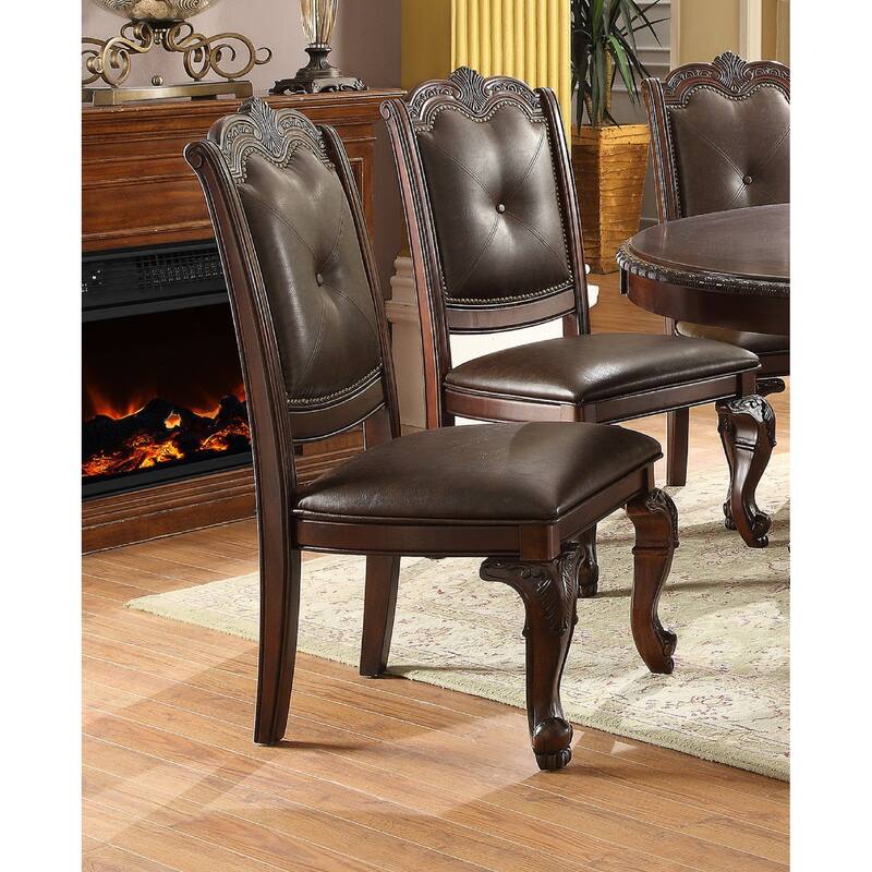 Hand Carved Dining Side Chair with Faux Leather Padded Seat and Button Tufting