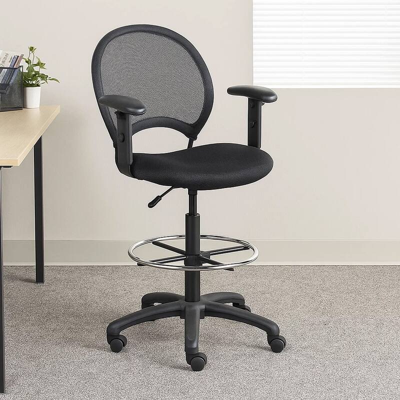 Rea Drafting Stool Chair, Adjustable Arms, Black Mesh, Chrome Footring