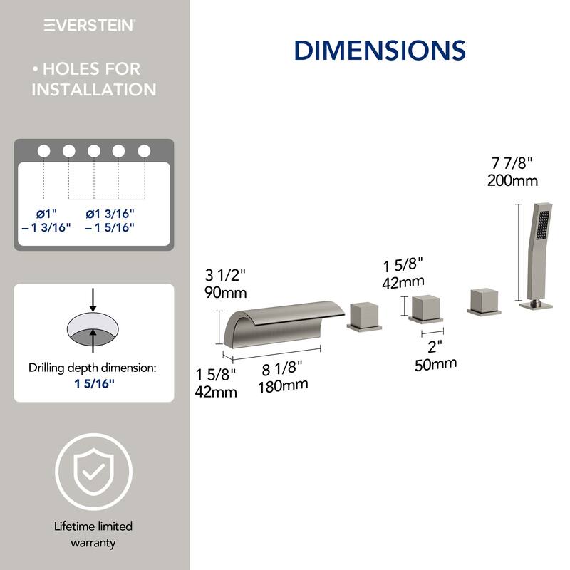 5-Hole 3-Handle Deck-Mount Waterfall Tub Faucet with Hand Shower,Waterfall Spout Bathtub Faucet