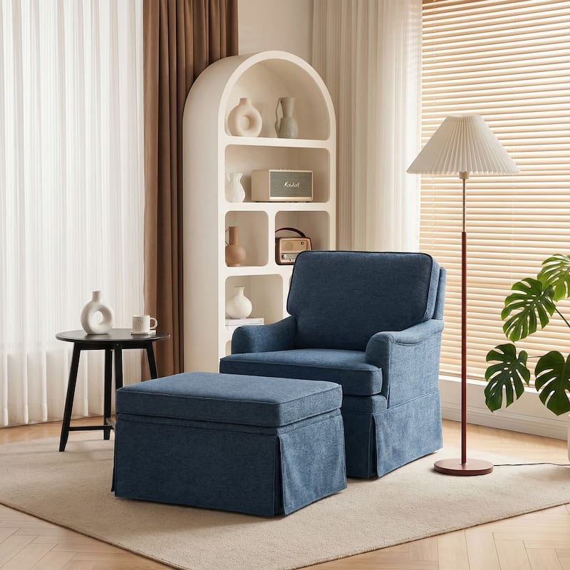 Skirted Swivel Accent Nailhead Barrel Chair With Storage Ottoman Set - Navy