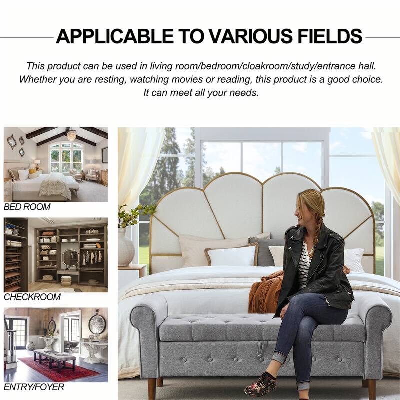 62" Bedroom Tufted Button Storage Bench, Linen Upholstered Ottoman