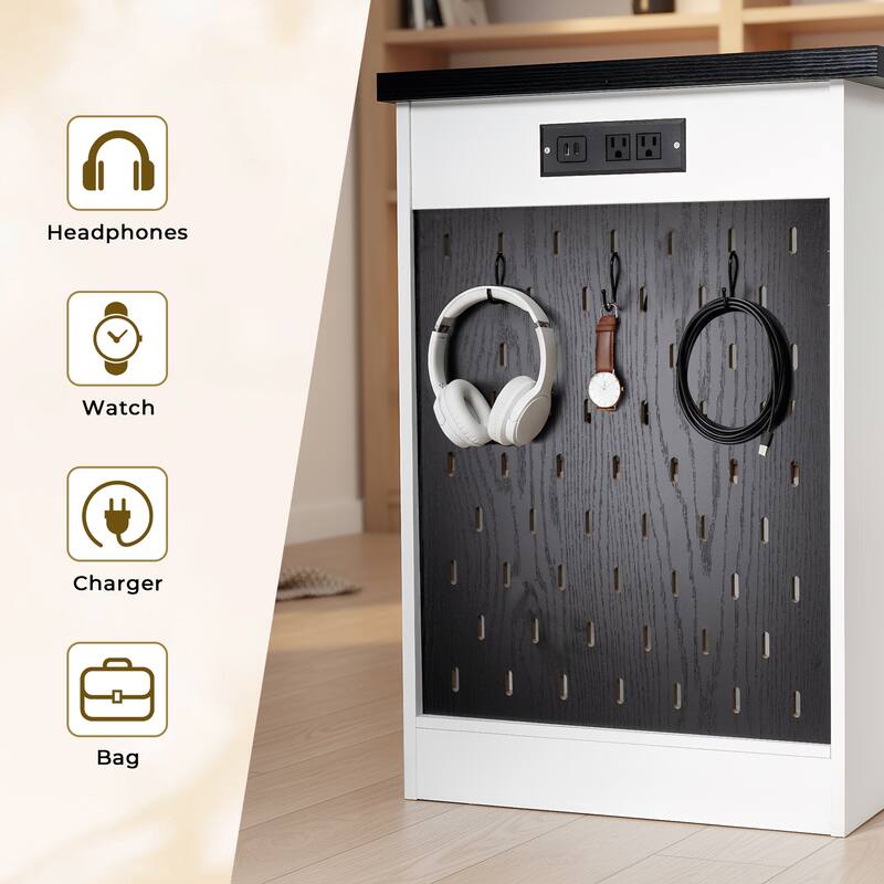 Roomfitters 55" Modern Fluted Office Desk with Charging Station, Storage Cabinet & Pegboard