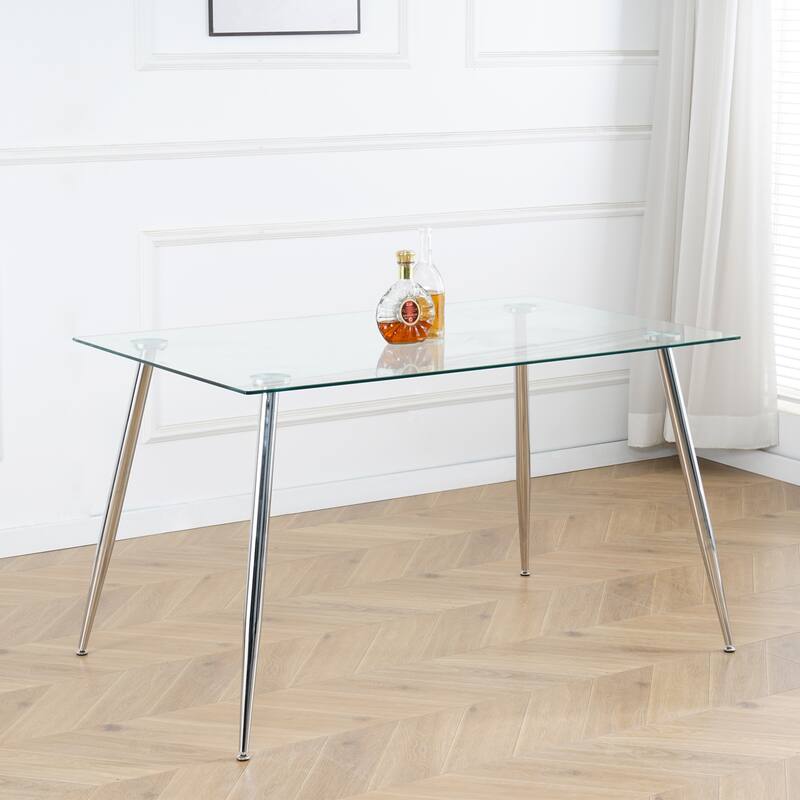 Modern Kitchen Glass Dining Table with Tempered Glass Table top,Metal Legs