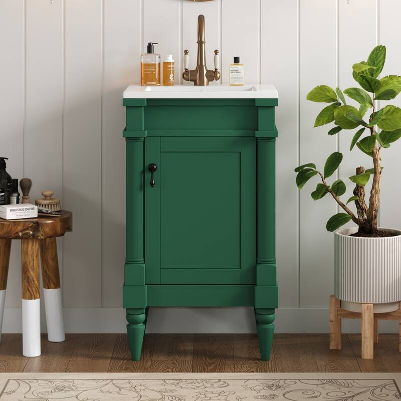 GDFStudio - Wexford Retro Freestanding Bathroom Vanity with Ceramic Sink, Solid Pine Wood Legs & Adjustable Shelf - 18'W - Green