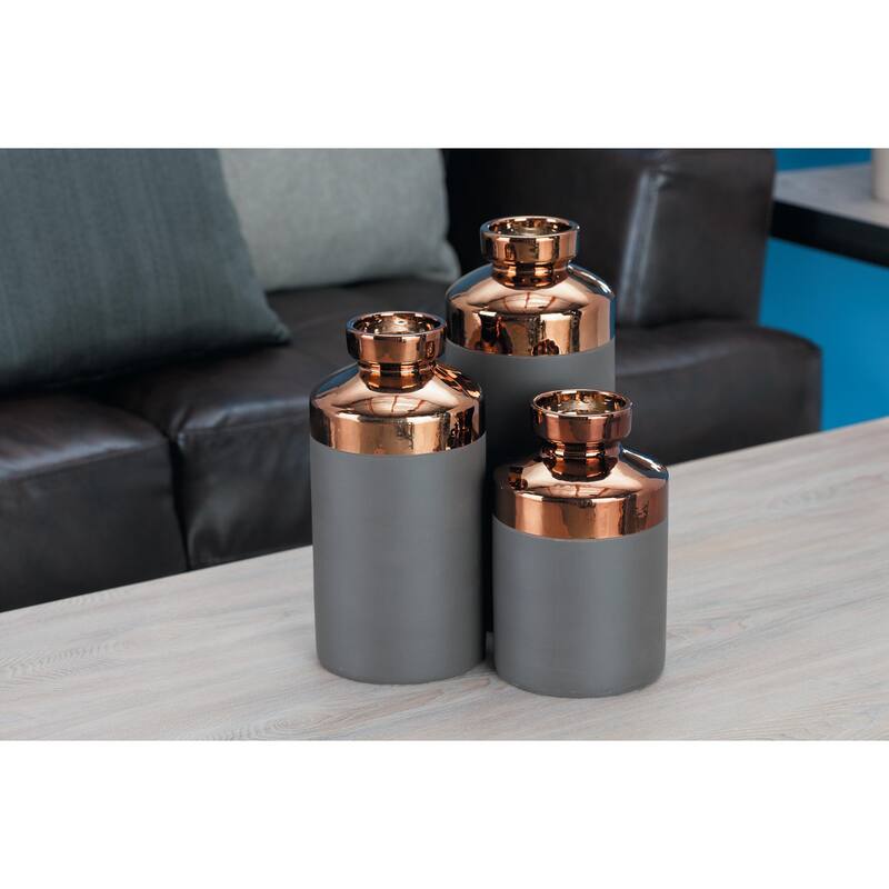 Ceramic Decorative Vase with Copper Like Tops - Set of 3 Gray - CosmoLiving by Cosmopolitan