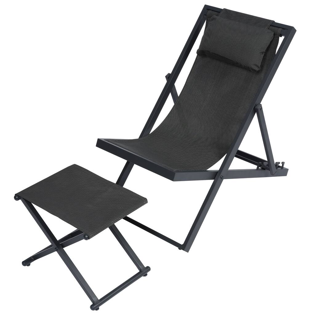 Outdoor Sling Chair,Reclining/Folding Beach Chair with Ottoman and Cushion