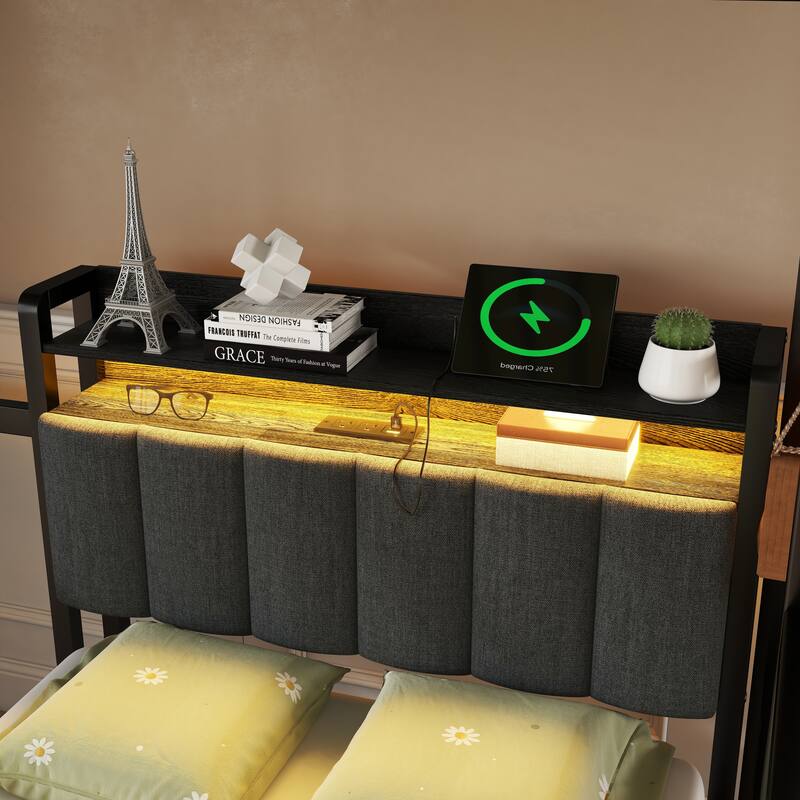 Full over Twin Bunk Bed with Desk, Bookshelves, Charging Station & LED Lights, Detachable Metal Loft Bed