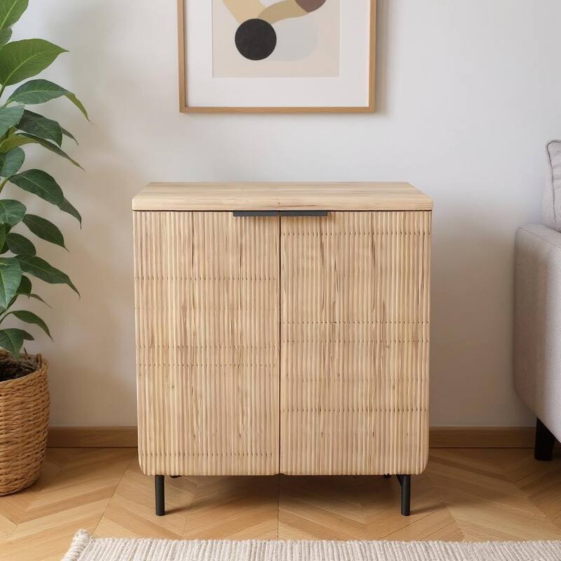 HomeRoots 35" Oak Wood Textured Door Accent Cabinet With Two Doors - Oak