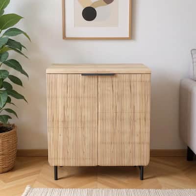 HomeRoots 35" Oak Wood Textured Door Accent Cabinet With Two Doors