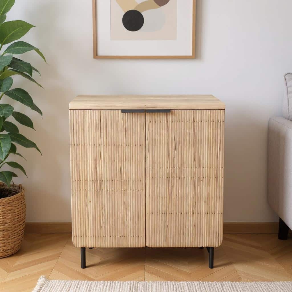 HomeRoots 35" Oak Wood Textured Door Accent Cabinet With Two Doors