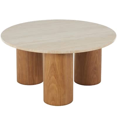 Wood Coffee Table with Beige Round Marble Top - Brown - Roche River Decor