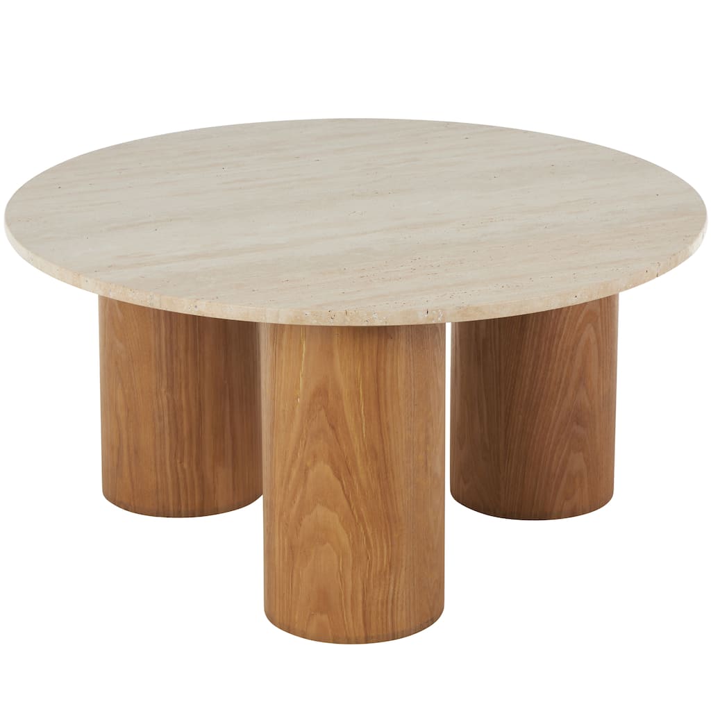 Wood Coffee Table with Beige Round Marble Top - Brown - Roche River Decor