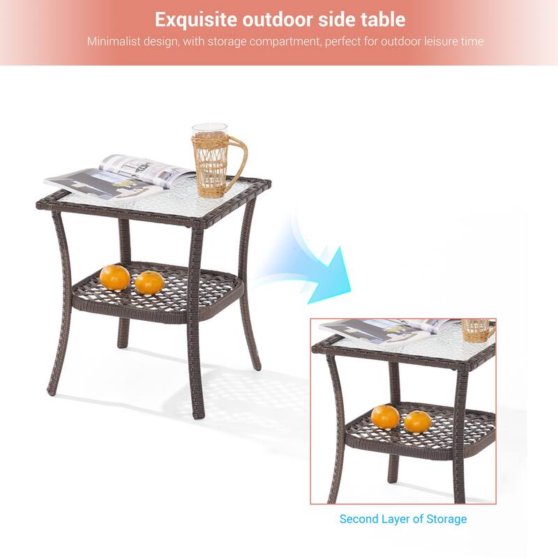LIVOOSUN Patio Water Rippled Glass Side Table Rattan Coffee Table