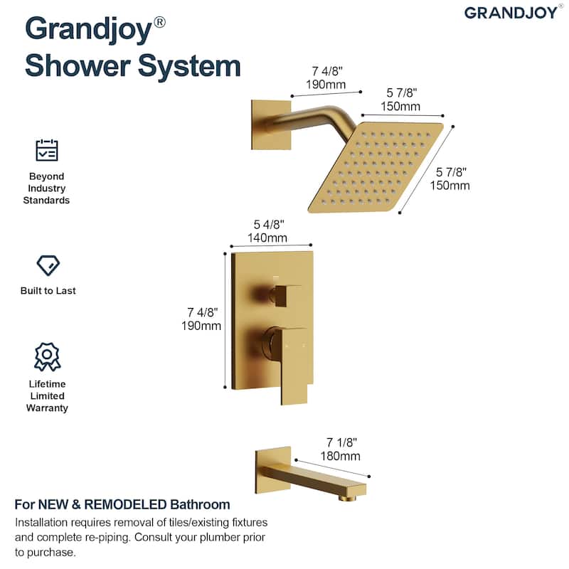 GRANDJOY 2-Function Tub and Shower Faucet Set with Single Handle Valve, Wall-Mount Design